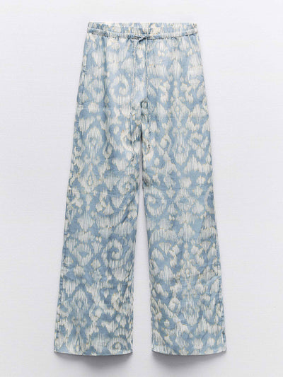 Zara Blue printed ramie trousers at Collagerie