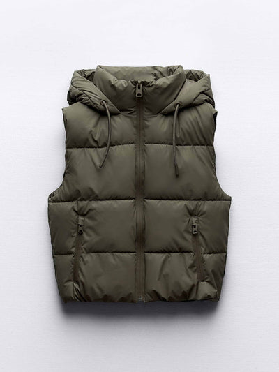 Zara Khaki rubberised gilet with hood at Collagerie