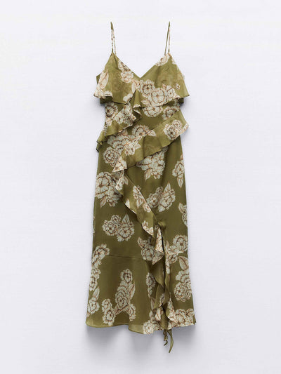 Zara Green ruffled floral print midi dress at Collagerie