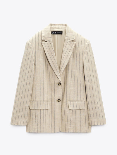 Zara Sand striped linen blend blazer at Collagerie