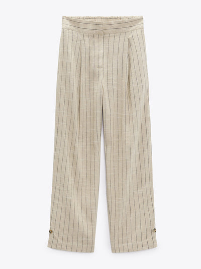 Zara Sand striped linen blend trousers at Collagerie