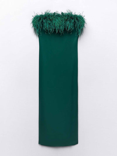 Zara Satin dress with feathers in Bottle Green at Collagerie