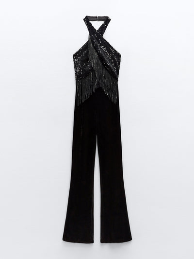 Zara Sequinned halter jumpsuit with fringing at Collagerie
