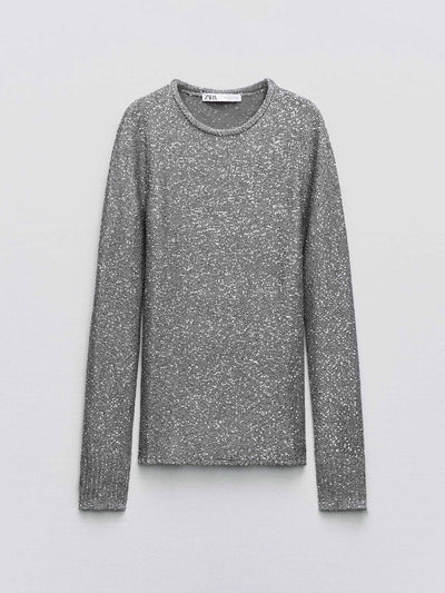 Zara Silver long-sleeved sequin top at Collagerie