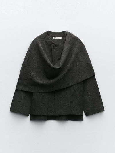 Zara Short knit grey coat with asymmetric scarf at Collagerie