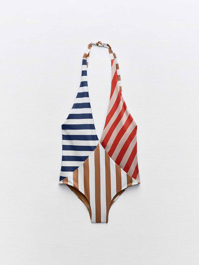 Zara Striped halterneck swimsuit at Collagerie