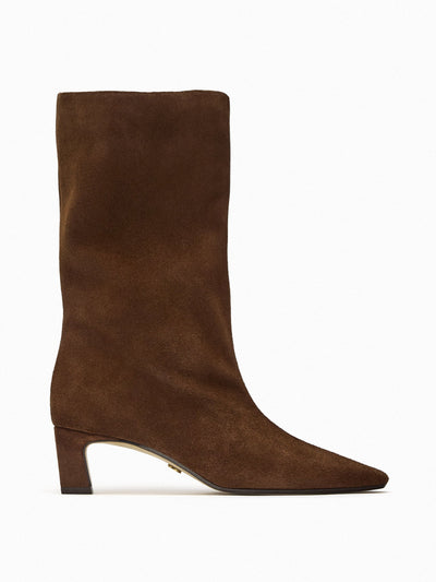 Zara Split suede mid-calf heeled boots at Collagerie