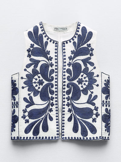 Zara Navy and white waistcoat with contrast embroidery at Collagerie