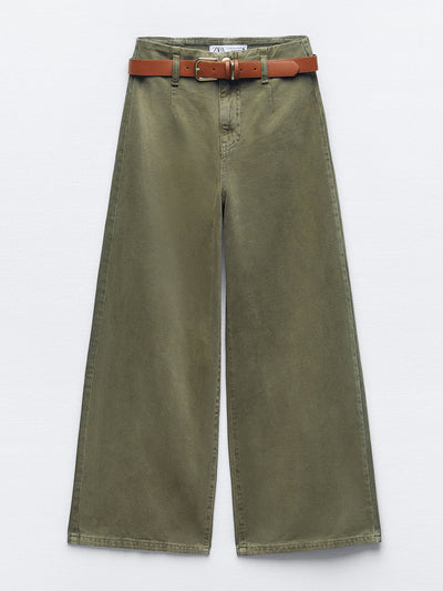 Zara Khaki wide-leg high-rise belted jeans at Collagerie