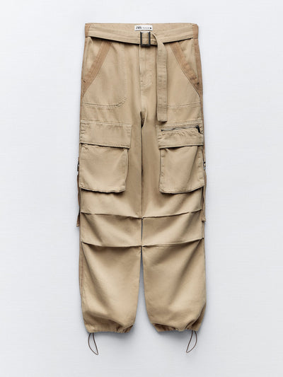 Zara Beige cargo trousers with straps at Collagerie