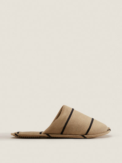 Zara Home Taupe Grey striped linen fabric mules at Collagerie