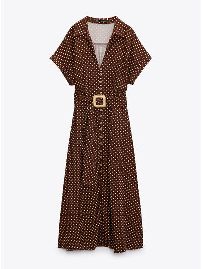 Zara Brown linen blend polka dot midi dress at Collagerie