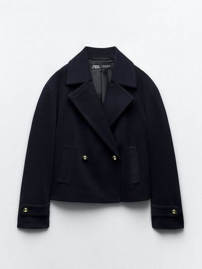 Zara Navy short double breasted coat at Collagerie