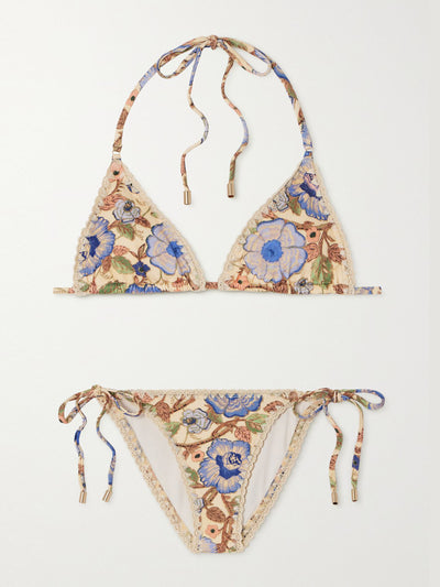 Zimmermann Metallic crochet-trimmed floral-print triangle bikini at Collagerie