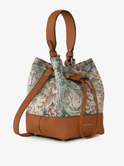 Wearable as a crossbody or carried in hand, this unique woven tapestry Strathberry drawstring leather bucket bag is compact and perfect for everyday. Collagerie.com