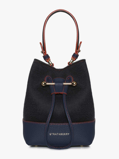 Strathberry Navy Lana Osette cashmere blend bucket bag at Collagerie