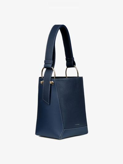 Strathberry Navy Lana Midi bucket bag with grey stitching at Collagerie