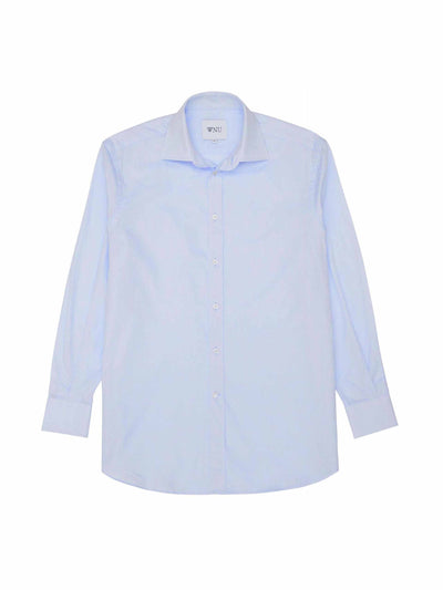 With Nothing Underneath The Boyfriend: steel blue poplin shirt at Collagerie