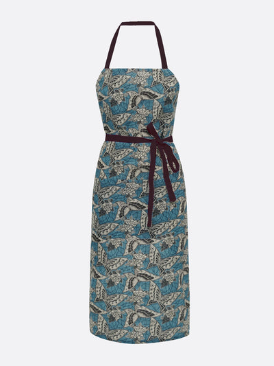 Morpho + Luna Blue printed linen apron at Collagerie