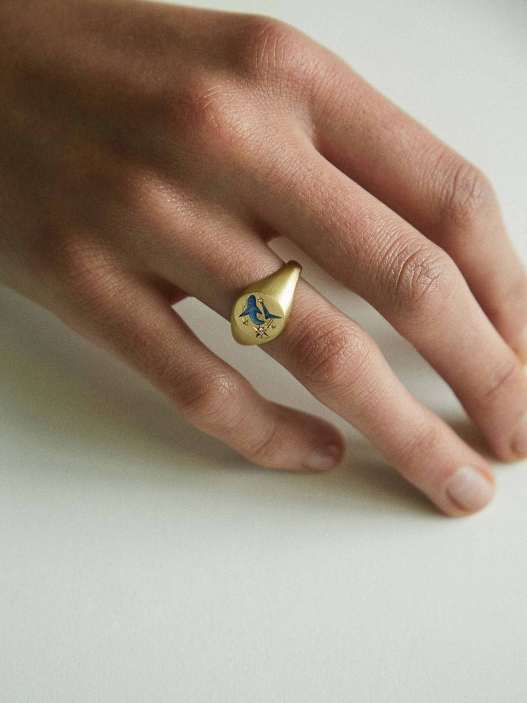 Shark & anchor gold hand-painted enamel ring