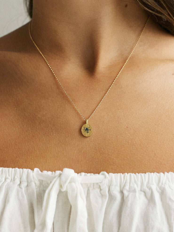 Octopus & compass gold hand-painted enamel necklace