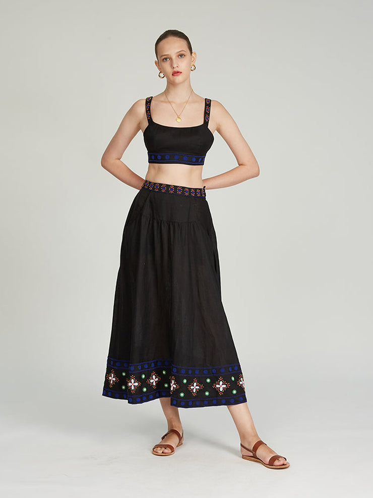 Della B skirt in black with geo flower embroidery