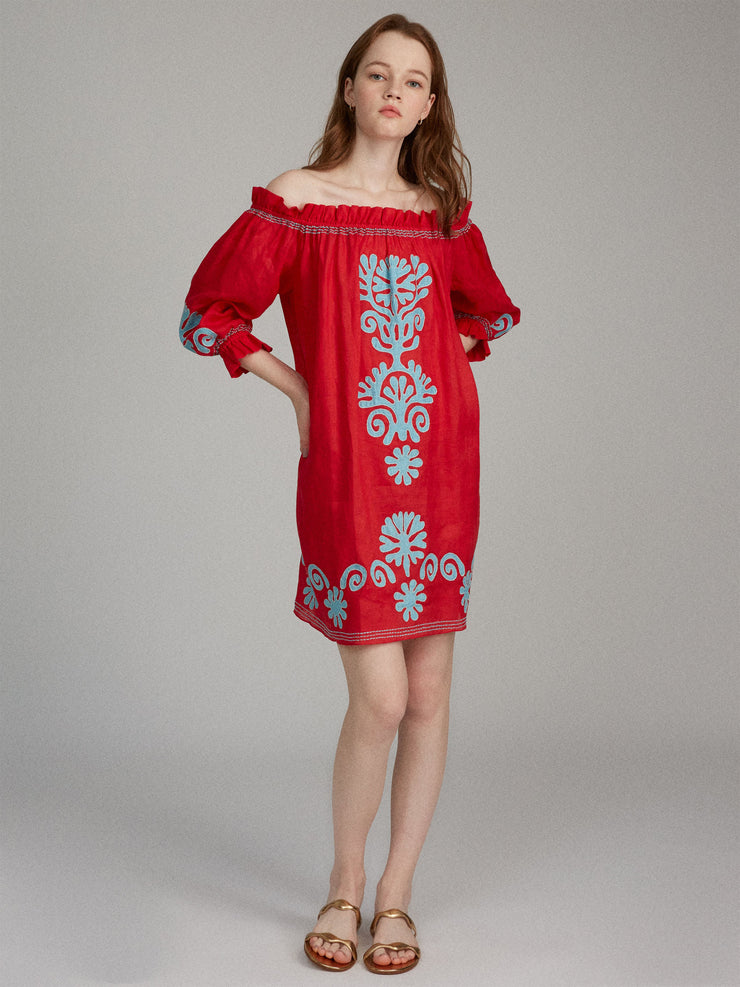 Gaby short dress in Cherry Red with Sky embroidery
