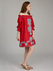Gaby short dress in Cherry Red with Sky embroidery