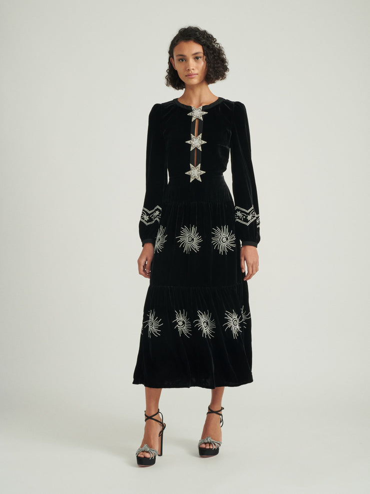 Camille B embellished pearl stars velvet dress in black Clothing SALONI - Collagerie