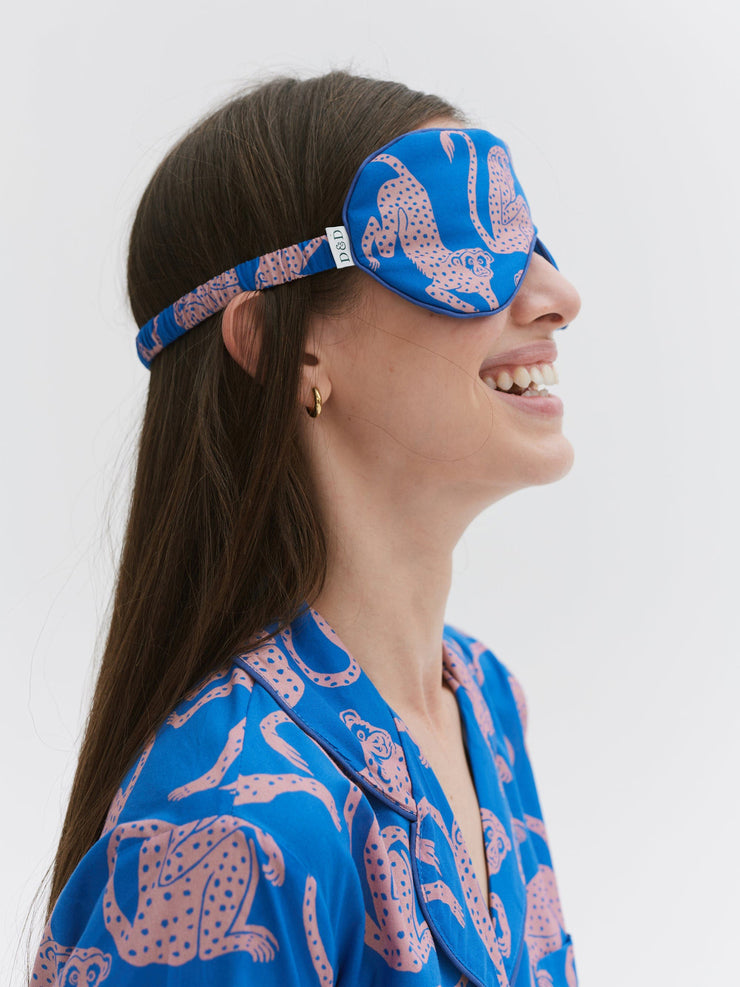 Cotton luxe eye mask in blue and pink Chango print
