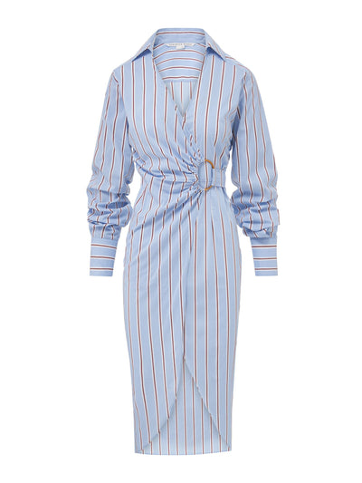 Veronica Beard Blue striped shirt dress with gold buckle at Collagerie