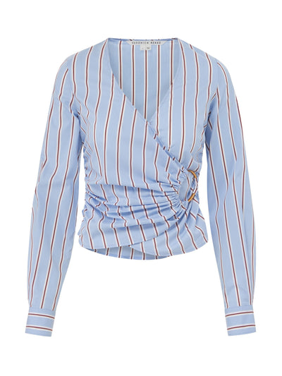 Veronica Beard Blue striped wrap top with gold buckle at Collagerie