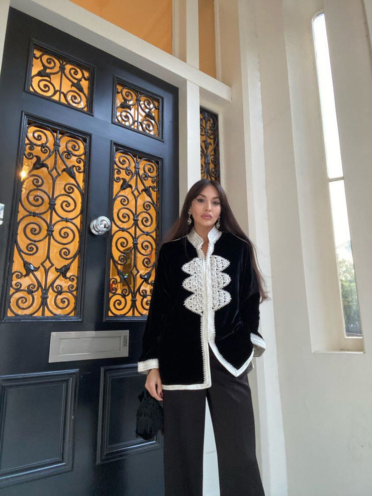 Leila velvet jacket in black with silver embroidery