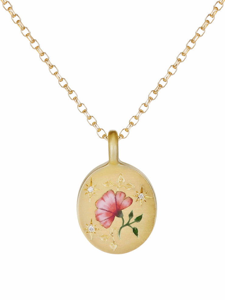 Rose & diamond gold hand-painted enamel necklace