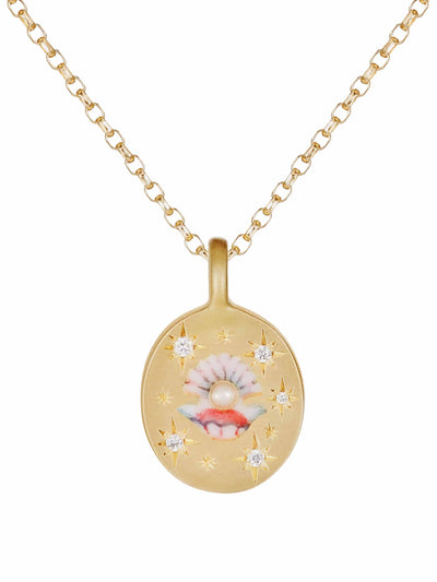 Cece Jewellery Clam & pearl gold pendant hand-painted enamel necklace at Collagerie