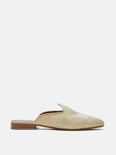 Le Monde Beryl Embroidered sand raffia Venetian mule at Collagerie