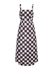 Sleek, linear, slim-fitting midi satin dress featuring a painterly checkerboard motif in a rich chocolate hue on an ivory base. Collagerie.com
