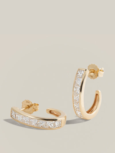 Lucy Delius Carré cut diamond gold half hoops at Collagerie