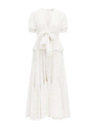 Evarae White textured check Amber dress in Crepe de Chine at Collagerie