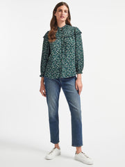 Green and floral Iona long sleeve frill neck blouse with ruched shoulder detail