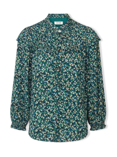 Cefinn Green and floral Iona long sleeve frill neck blouse with ruched shoulder detail at Collagerie