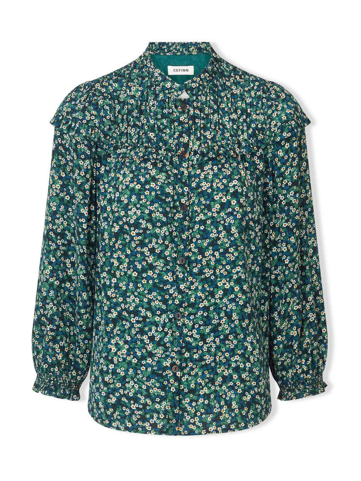 Green and floral Iona long sleeve frill neck blouse with ruched shoulder detail