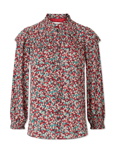 Cefinn Red floral Iona long sleeve frill neck blouse with ruched shoulder detail at Collagerie