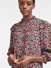 Red floral Iona long sleeve frill neck blouse with ruched shoulder detail