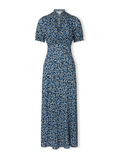 Cefinn Blue floral print Irina short sleeve shirred detail bias cut maxi dress at Collagerie