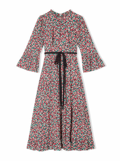 Cefinn Red blossom print Eloise round neck maxi dress with tiered gathered skirt and 3/4 sleeve at Collagerie