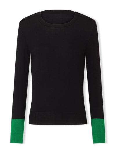 Cefinn Black and green Colette button detail contrast cuff jumper at Collagerie