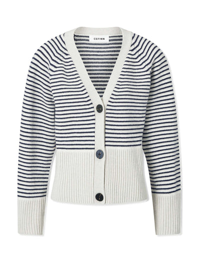 Cefinn Navy and cream striped Courtney boxy v-neck cardigan at Collagerie