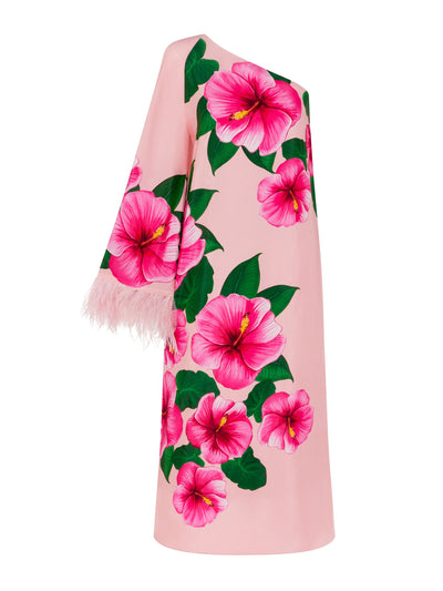 Borgo De Nor Aubrey crepe midi dress in Nyx pink floral print and feather trim at Collagerie