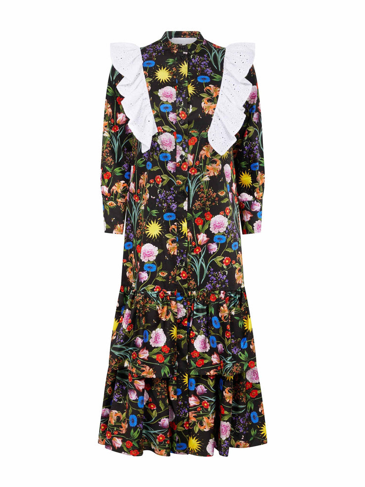 Baxley orange, yellow & blue flower printed 100% cotton midi dress by Borgo de Nor. A collarless shirt dress with a white broderie anglaise bib | Collagerie.com